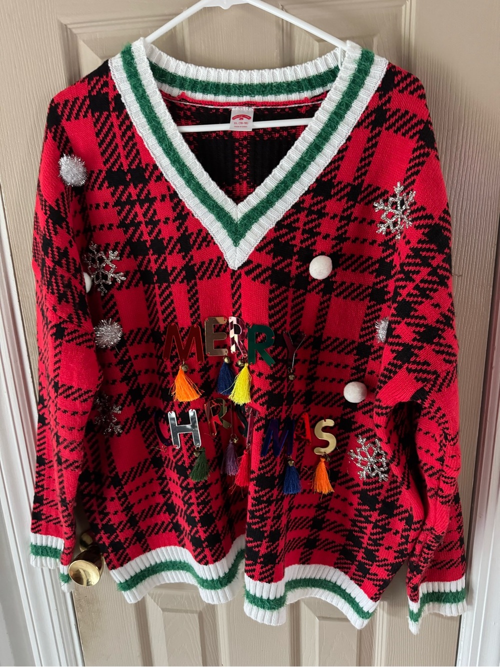 Holiday Time Red & Black Plaid V-Neck Sweater with Tassel Pom Accents